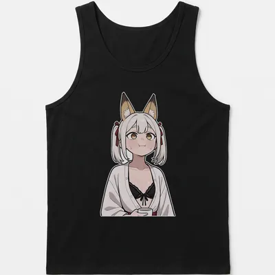Anime-style Kitsune Miko fox shrine maiden illustration in white, black, brown, and red — printed on a tank top
