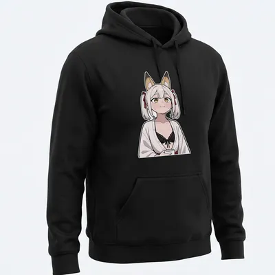 Anime-style Kitsune Miko fox shrine maiden illustration in white, black, brown, and red — printed on a unisex hoodie