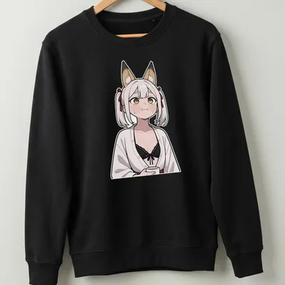 Anime-style Kitsune Miko fox shrine maiden illustration in white, black, brown, and red — printed on a unisex sweatshirt