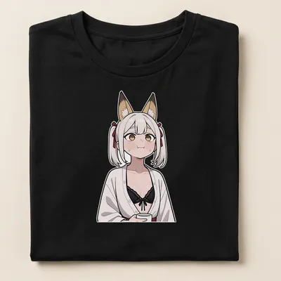 Anime-style Kitsune Miko fox shrine maiden illustration in white, black, brown, and red — printed on a women's shirt