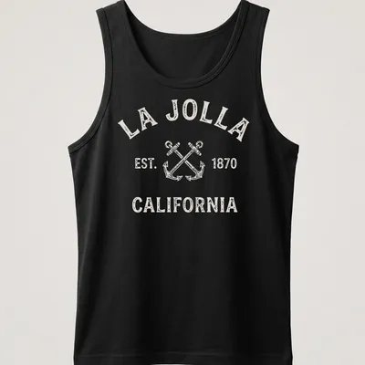 Vintage La Jolla t-shirt with crossed anchors and established date — printed on a tank top