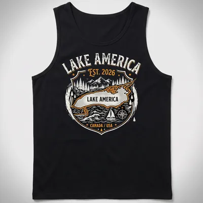 Vintage badge Lake America T-shirt featuring a map with mountains and trees — printed on a tank top