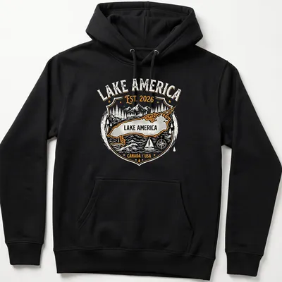 Vintage badge Lake America T-shirt featuring a map with mountains and trees — printed on a unisex hoodie