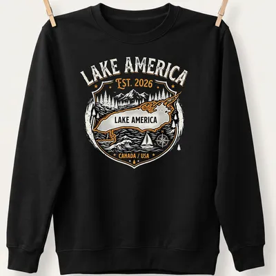 Vintage badge Lake America T-shirt featuring a map with mountains and trees — printed on a unisex sweatshirt