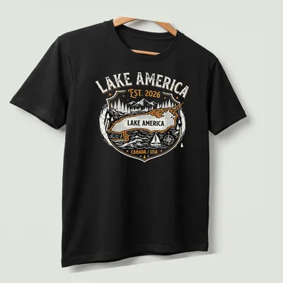 Vintage badge Lake America T-shirt featuring a map with mountains and trees — printed on a unisex t-shirt (angled view)