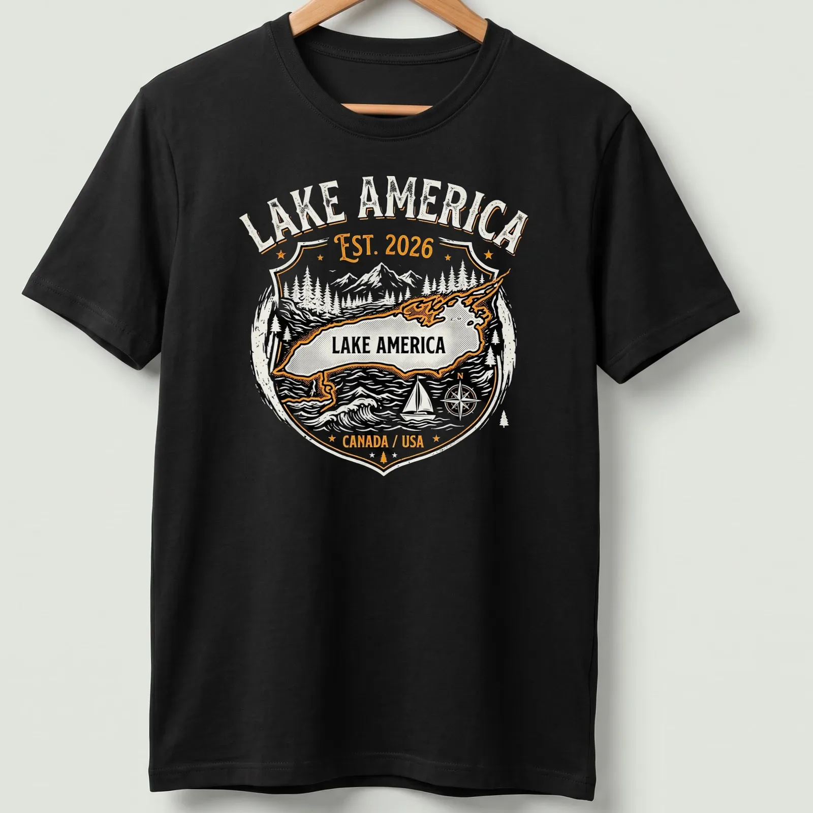 Vintage badge Lake America T-shirt featuring a map with mountains and trees — printed on a unisex t-shirt
