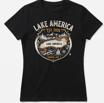 Vintage badge Lake America T-shirt featuring a map with mountains and trees — printed on a women's shirt
