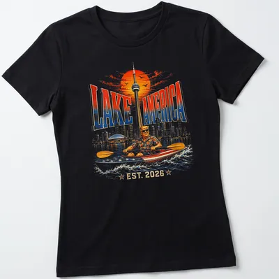 Vintage kayaking graphic tee with retro style and nostalgic colors — printed on a women's shirt