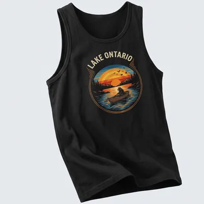 Vintage retro Lake Ontario t-shirt featuring a bear rowing under a sunset — printed on a tank top