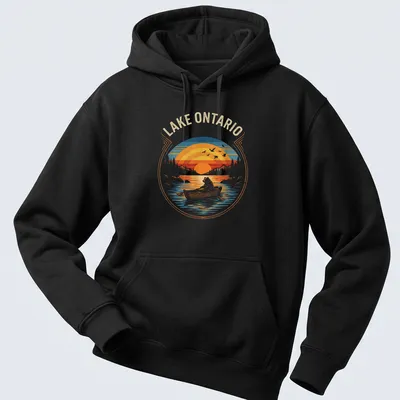 Vintage retro Lake Ontario t-shirt featuring a bear rowing under a sunset — printed on a unisex hoodie