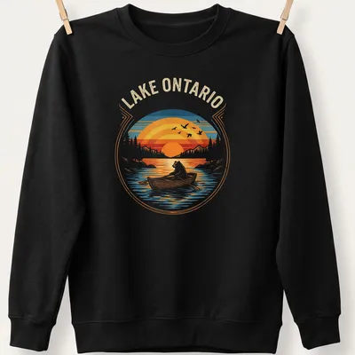 Vintage retro Lake Ontario t-shirt featuring a bear rowing under a sunset — printed on a unisex sweatshirt