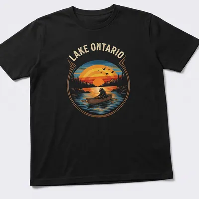 Vintage retro Lake Ontario t-shirt featuring a bear rowing under a sunset