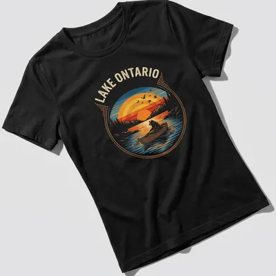 Vintage retro Lake Ontario t-shirt featuring a bear rowing under a sunset — printed on a women's shirt