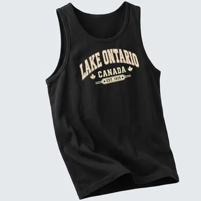 Vintage typography Lake Ontario Canada shirt in cream, red, and gold — printed on a tank top