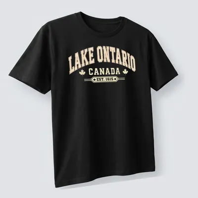 Vintage typography Lake Ontario Canada shirt in cream, red, and gold — printed on a unisex t-shirt (angled view)