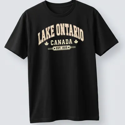 Vintage typography Lake Ontario Canada shirt in cream, red, and gold