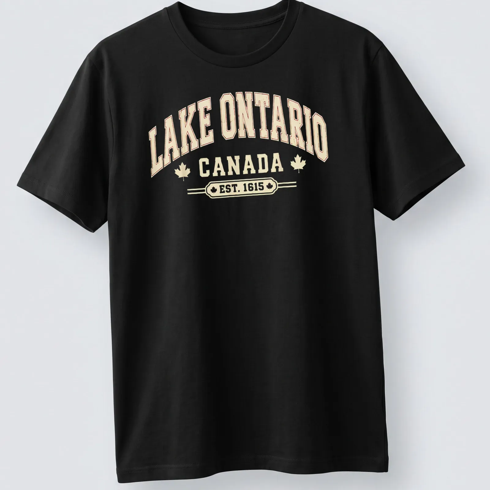 Vintage typography Lake Ontario Canada shirt in cream, red, and gold — printed on a unisex t-shirt