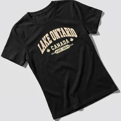 Vintage typography Lake Ontario Canada shirt in cream, red, and gold — printed on a women's shirt