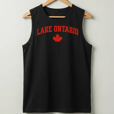 Bold Lake Ontario t-shirt featuring red maple leaf and typography — printed on a tank top
