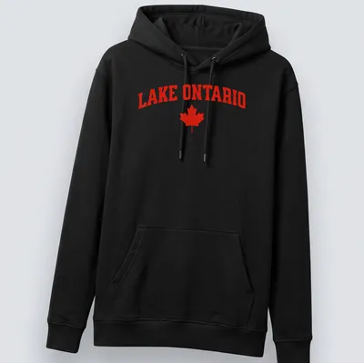 Bold Lake Ontario t-shirt featuring red maple leaf and typography — printed on a unisex hoodie