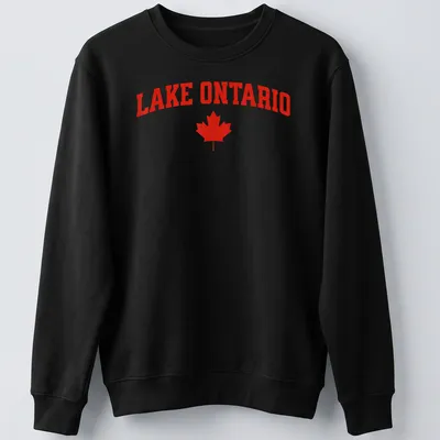 Bold Lake Ontario t-shirt featuring red maple leaf and typography — printed on a unisex sweatshirt