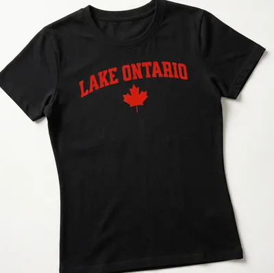 Bold Lake Ontario t-shirt featuring red maple leaf and typography — printed on a women's shirt