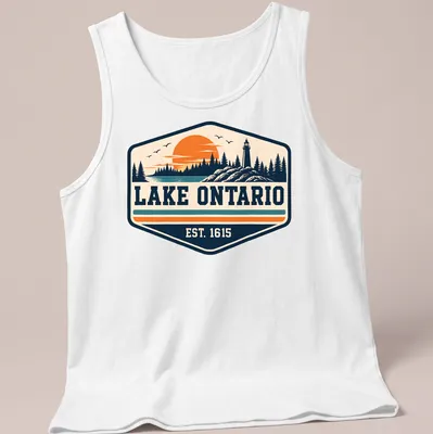 Vintage Lake Ontario T-shirt with a lighthouse and sunset illustration — printed on a tank top
