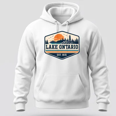 Vintage Lake Ontario T-shirt with a lighthouse and sunset illustration — printed on a unisex hoodie