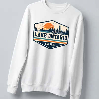Vintage Lake Ontario T-shirt with a lighthouse and sunset illustration — printed on a unisex sweatshirt