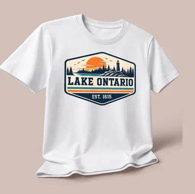 Vintage Lake Ontario T-shirt with a lighthouse and sunset illustration — printed on a unisex t-shirt (angled view)