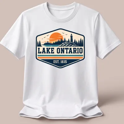 Vintage Lake Ontario T-shirt with a lighthouse and sunset illustration