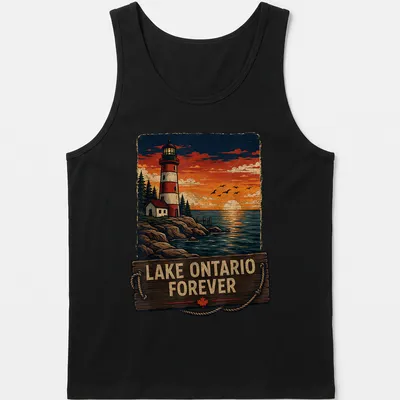 Vintage design of a lighthouse at sunset with Lake Ontario Forever text — printed on a tank top