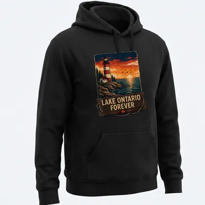 Vintage design of a lighthouse at sunset with Lake Ontario Forever text — printed on a unisex hoodie