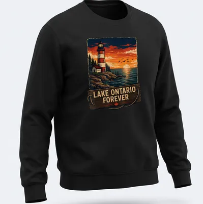 Vintage design of a lighthouse at sunset with Lake Ontario Forever text — printed on a unisex sweatshirt