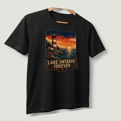 Vintage design of a lighthouse at sunset with Lake Ontario Forever text — printed on a unisex t-shirt (angled view)