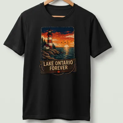 Vintage design of a lighthouse at sunset with Lake Ontario Forever text