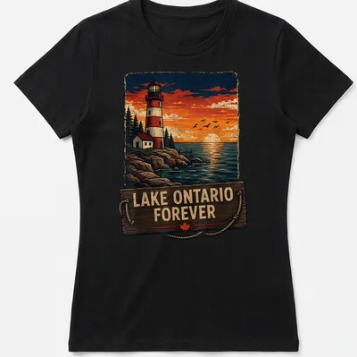 Vintage design of a lighthouse at sunset with Lake Ontario Forever text — printed on a women's shirt