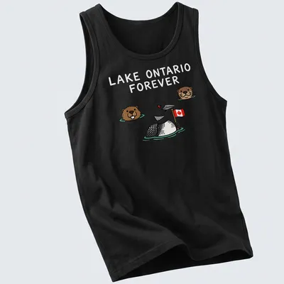 Cartoon-style Lake Ontario design featuring a loon, beaver, and otter. — printed on a tank top