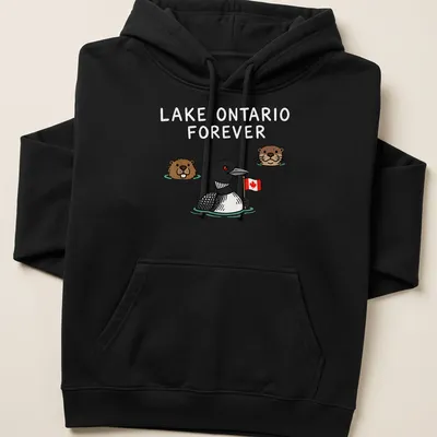 Cartoon-style Lake Ontario design featuring a loon, beaver, and otter. — printed on a unisex hoodie