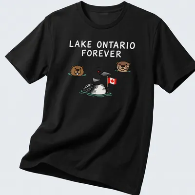 Cartoon-style Lake Ontario design featuring a loon, beaver, and otter.