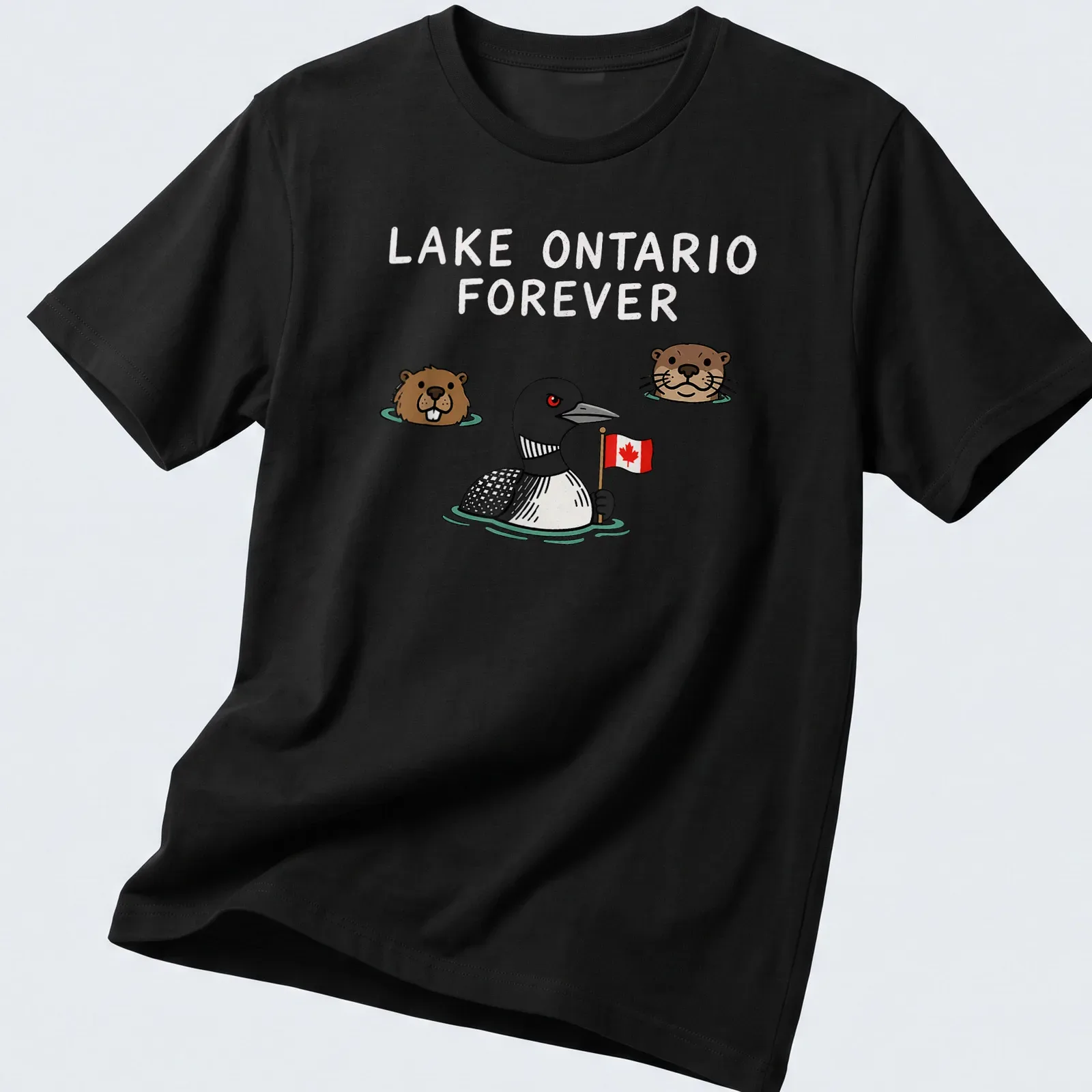 Cartoon-style Lake Ontario design featuring a loon, beaver, and otter. — printed on a unisex t-shirt