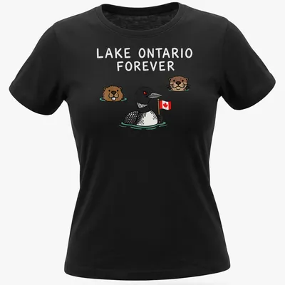 Cartoon-style Lake Ontario design featuring a loon, beaver, and otter. — printed on a women's shirt