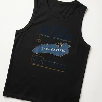 Vintage-style Lake Ontario map t-shirt with distressed printing — printed on a tank top