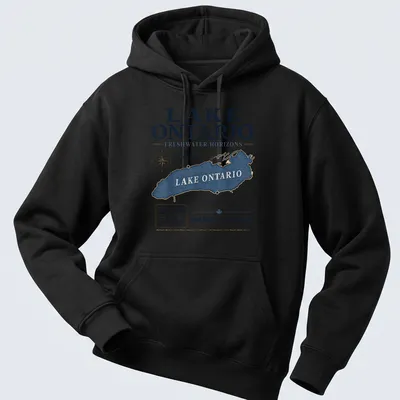 Vintage-style Lake Ontario map t-shirt with distressed printing — printed on a unisex hoodie