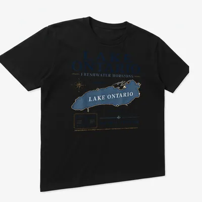 Vintage-style Lake Ontario map t-shirt with distressed printing — printed on a unisex t-shirt (angled view)
