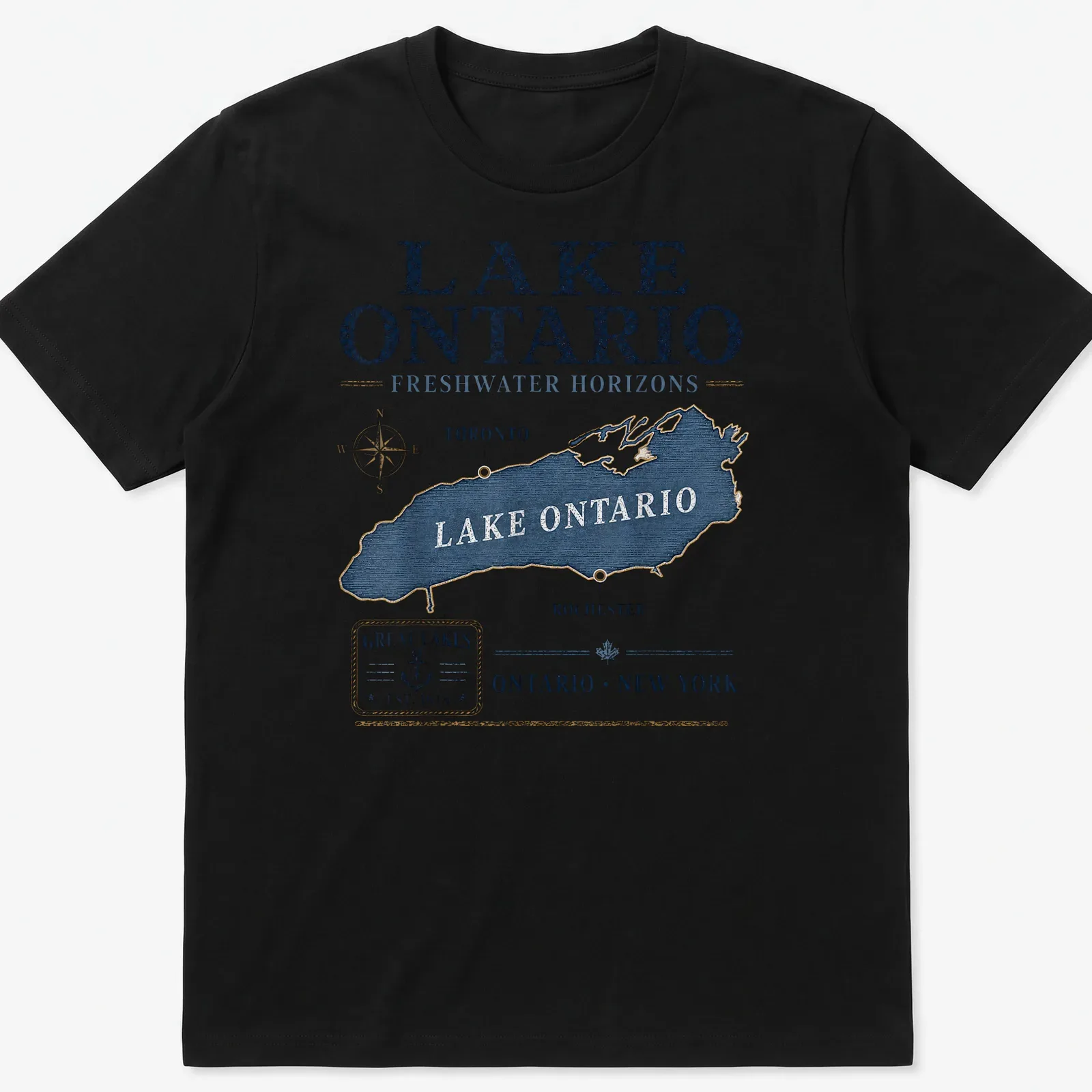 Vintage-style Lake Ontario map t-shirt with distressed printing — printed on a unisex t-shirt
