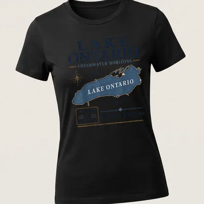 Vintage-style Lake Ontario map t-shirt with distressed printing — printed on a women's shirt