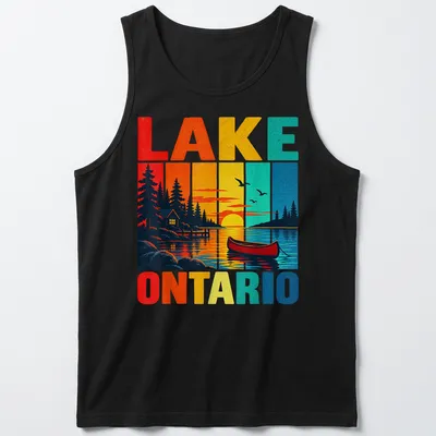 Retro print of Lake Ontario with canoe and cabin in sunset colors — printed on a tank top
