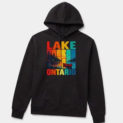 Retro print of Lake Ontario with canoe and cabin in sunset colors — printed on a unisex hoodie