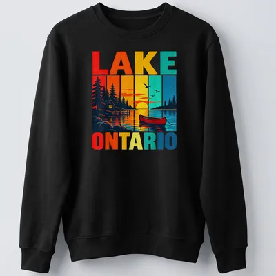 Retro print of Lake Ontario with canoe and cabin in sunset colors — printed on a unisex sweatshirt